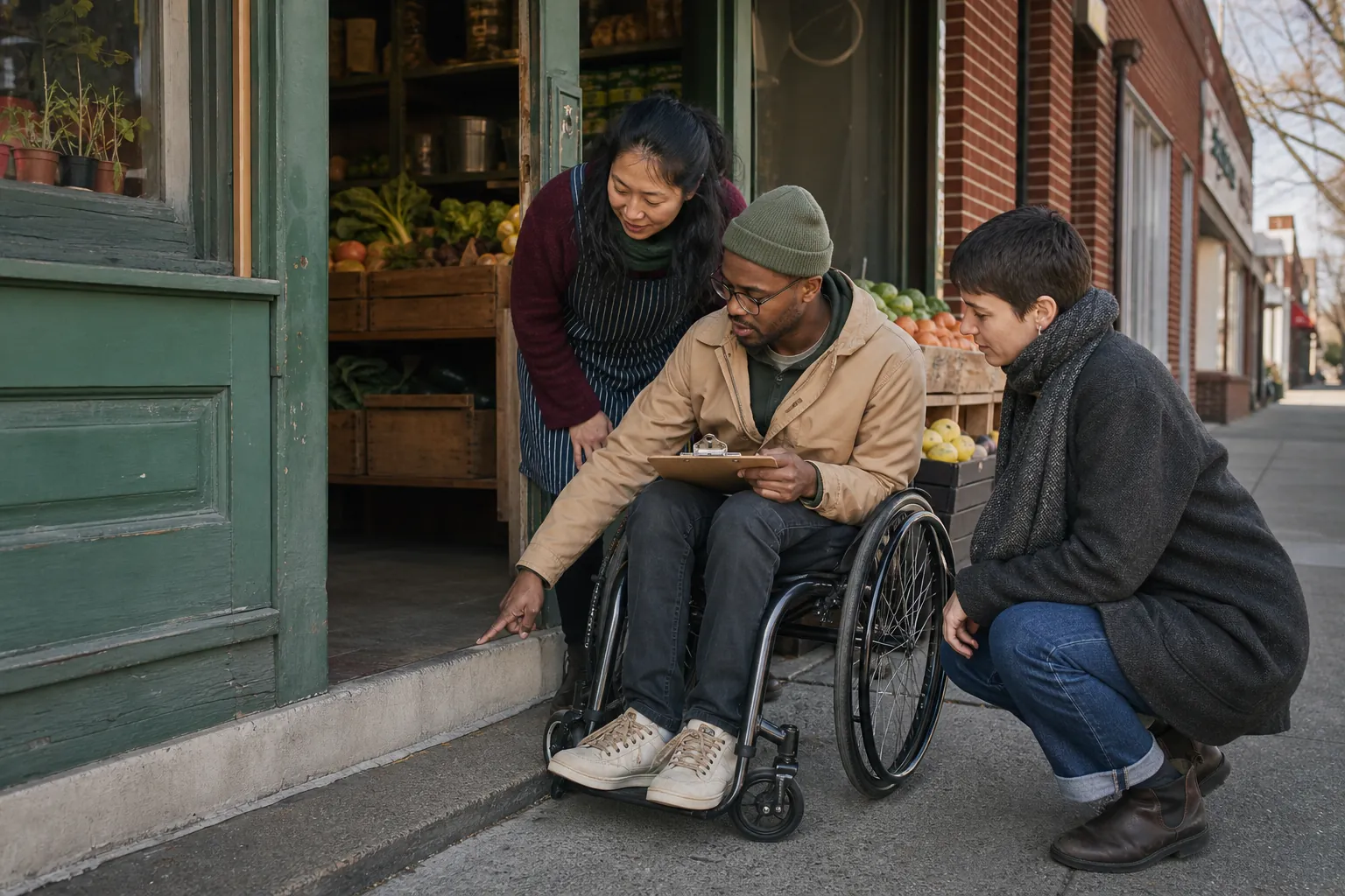 A shop owner and residents reviewing an accessibility improvement