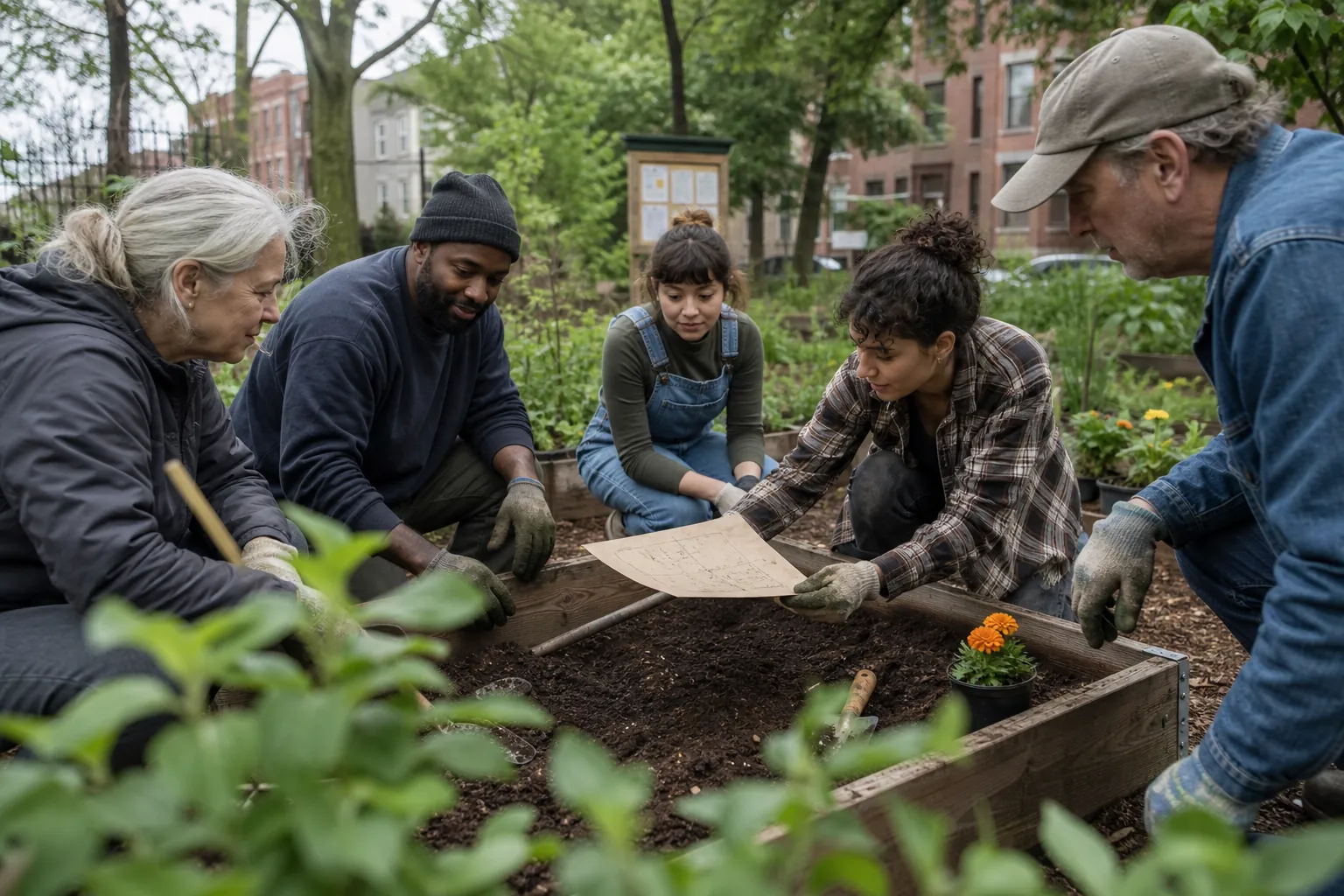 Neighbors reviewing a plan while improving a community garden